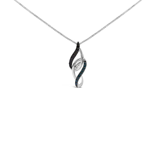Sterling Silver 1/4 Cttw Black Blue White Diamond Linear Swirl Pendant Necklace