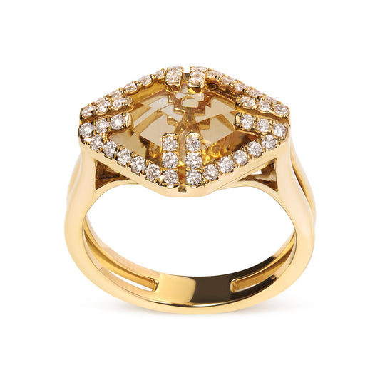 Front angle view of a yellow ring with a large marquise-shaped yellow gemstone center, surrounded by multiple round white gemstones in a pave setting.