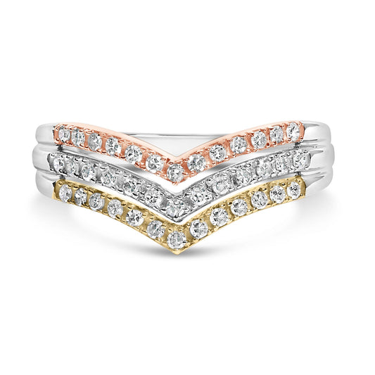 Front-facing close-up of three stacked chevron-shaped rings in yellow, white, and rose metal colors, each set with round white gemstones in 4-prong settings.