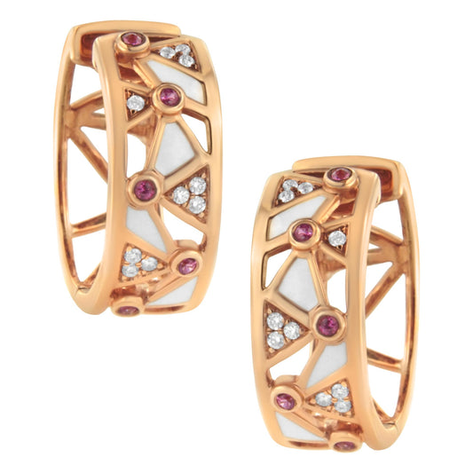 Close-up front angle of rose-colored metal earrings with geometric cutouts, white inlay, round pink gemstones in bezel settings, and clusters of round white gemstones in pave settings.
