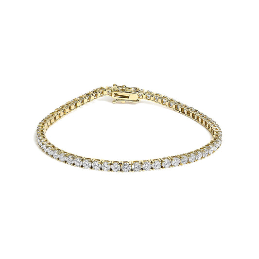 Yellow metal bracelet with round white gemstones in 4-prong settings, shown from a high front angle on a white background.