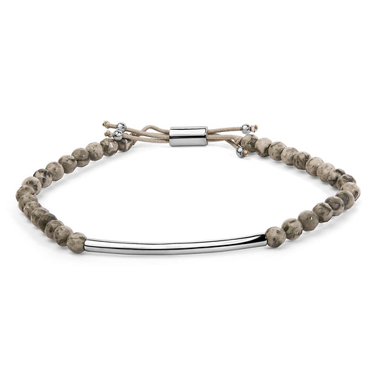 White beaded bracelet with a curved white metal bar centerpiece and adjustable cord, shown at a slight angle on a white background.