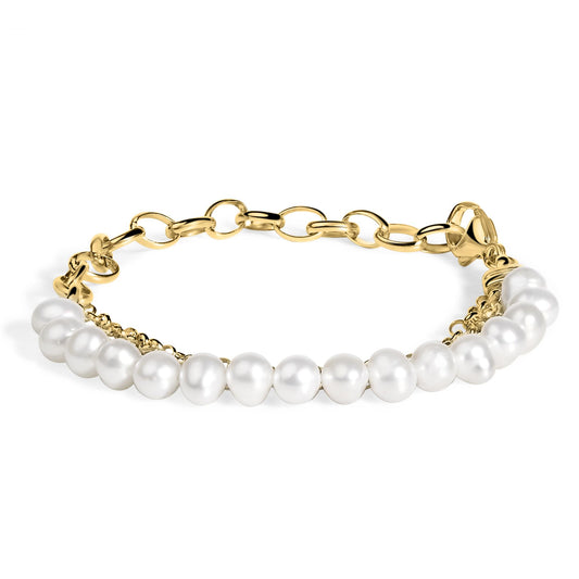 Yellow bracelet with a combination of linked chain and a row of white pearls, shown from a front angle on a white background.
