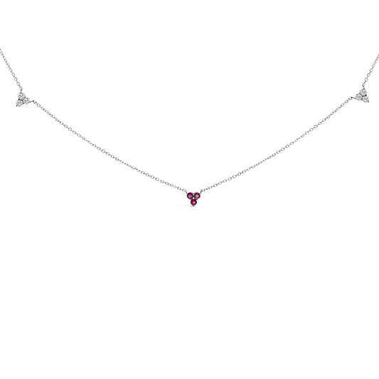 14K White Gold 1/5 Cttw Diamond and Ruby Tri Station Necklace