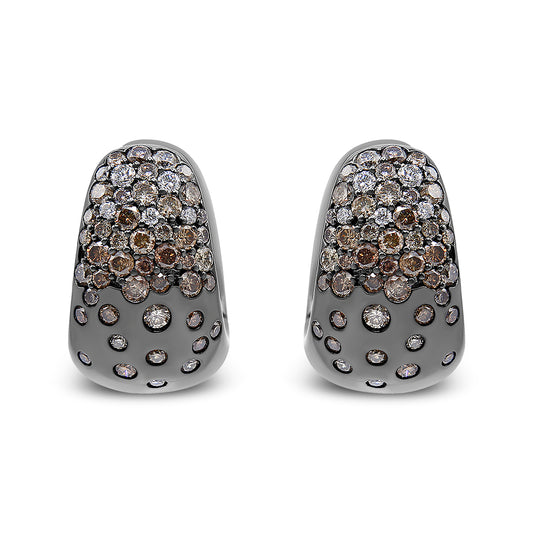 Front view of black metal earrings adorned with clustered round white and brown gemstones in prong settings.